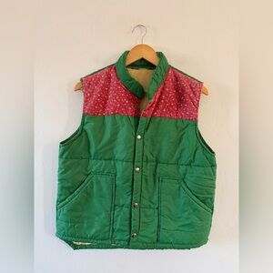 Vintage 70’s Quilted Green and Pink Floral Button Up Vest Size XL